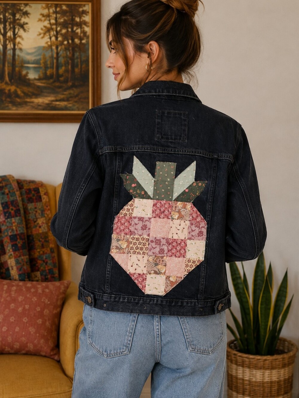 Re Worked A&F Black Denim Jacket With Strawberry Patch Work